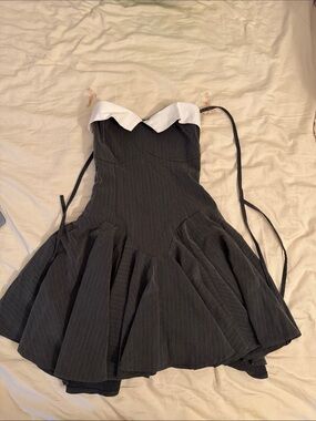 Fashion Nova Black Pinstripe Romper with White Collar